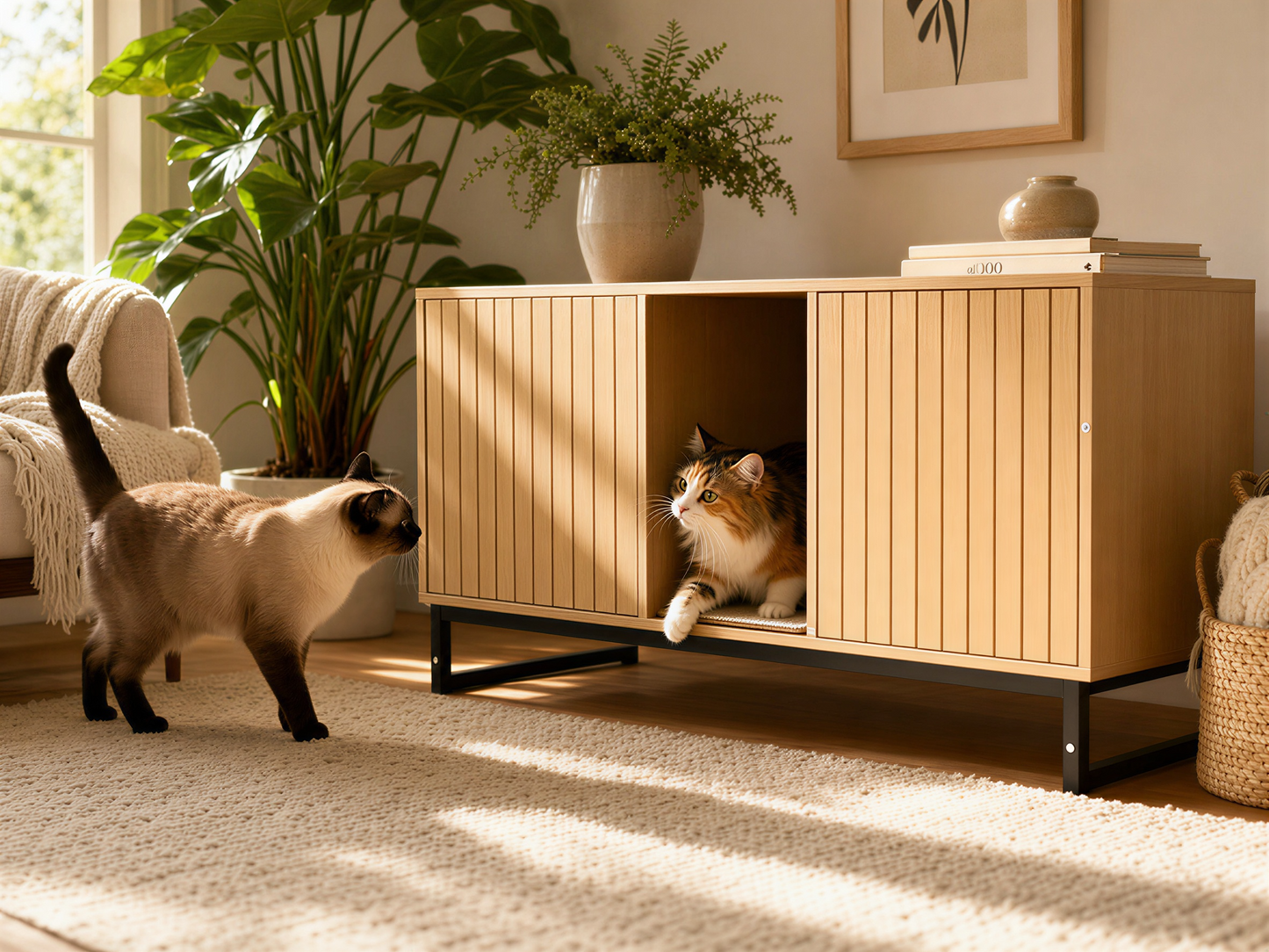 Modern Wooden Cat House with Scratching Mat in natural wood, two cats shown, HouseOfZazla on Tampa Home & Garden Store