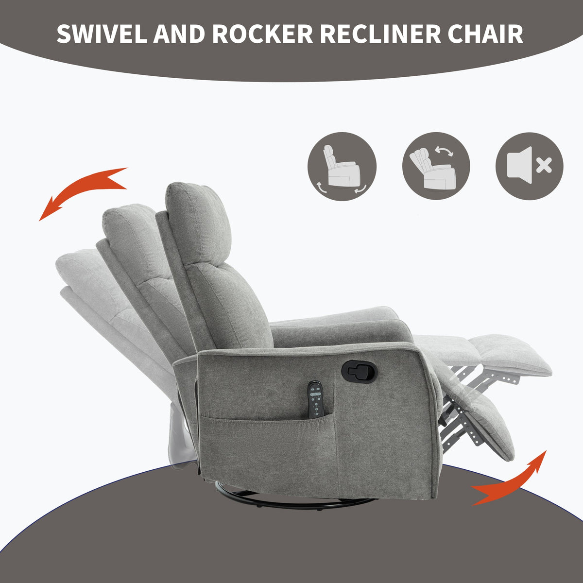 Heat massage manual recliner chair in gray fabric with rocker and swivel HouseOfZazla on Tampa Home & Garden Store