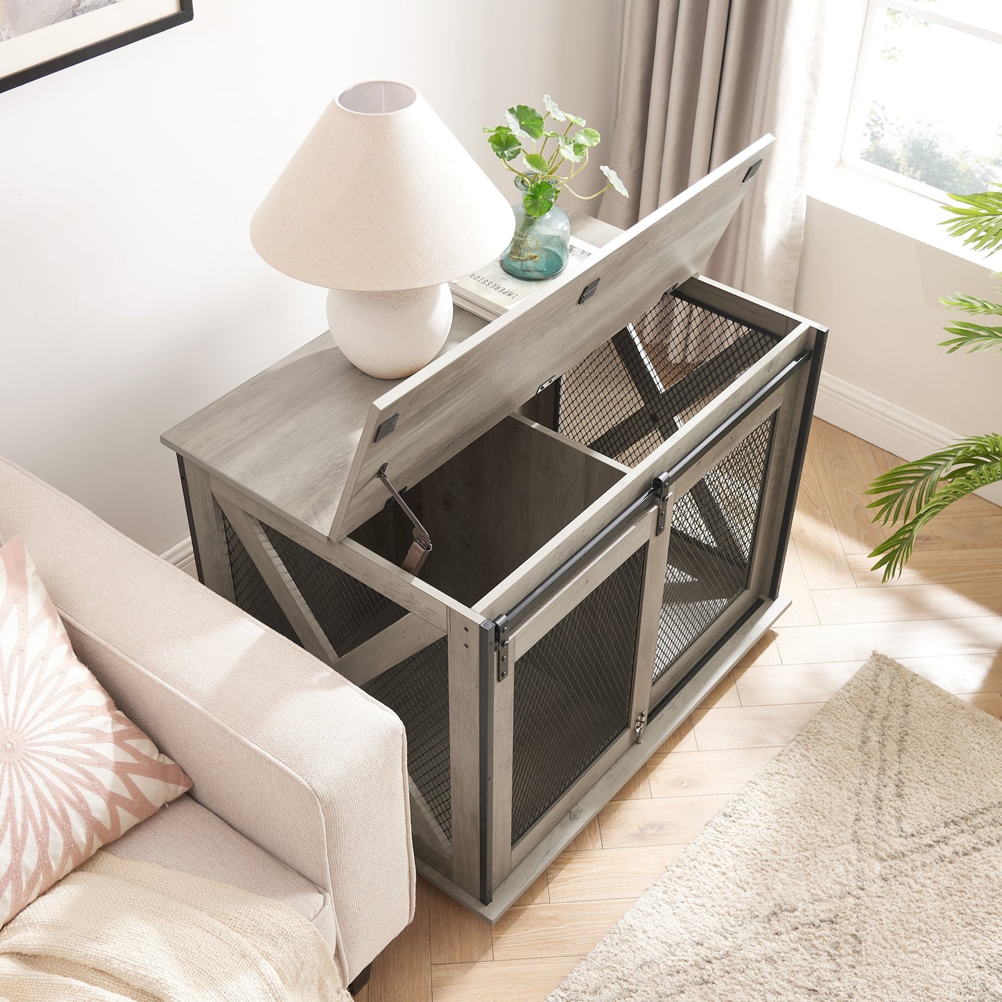 Farmhouse dog crate furniture with sliding barn door in gray wood with metal mesh panels on Tampa Home & Garden Store