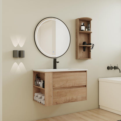 HouseOfZazla modern wall-mounted vanity with ceramic sink, oak finish, open storage rack on Tampa Home & Garden Store