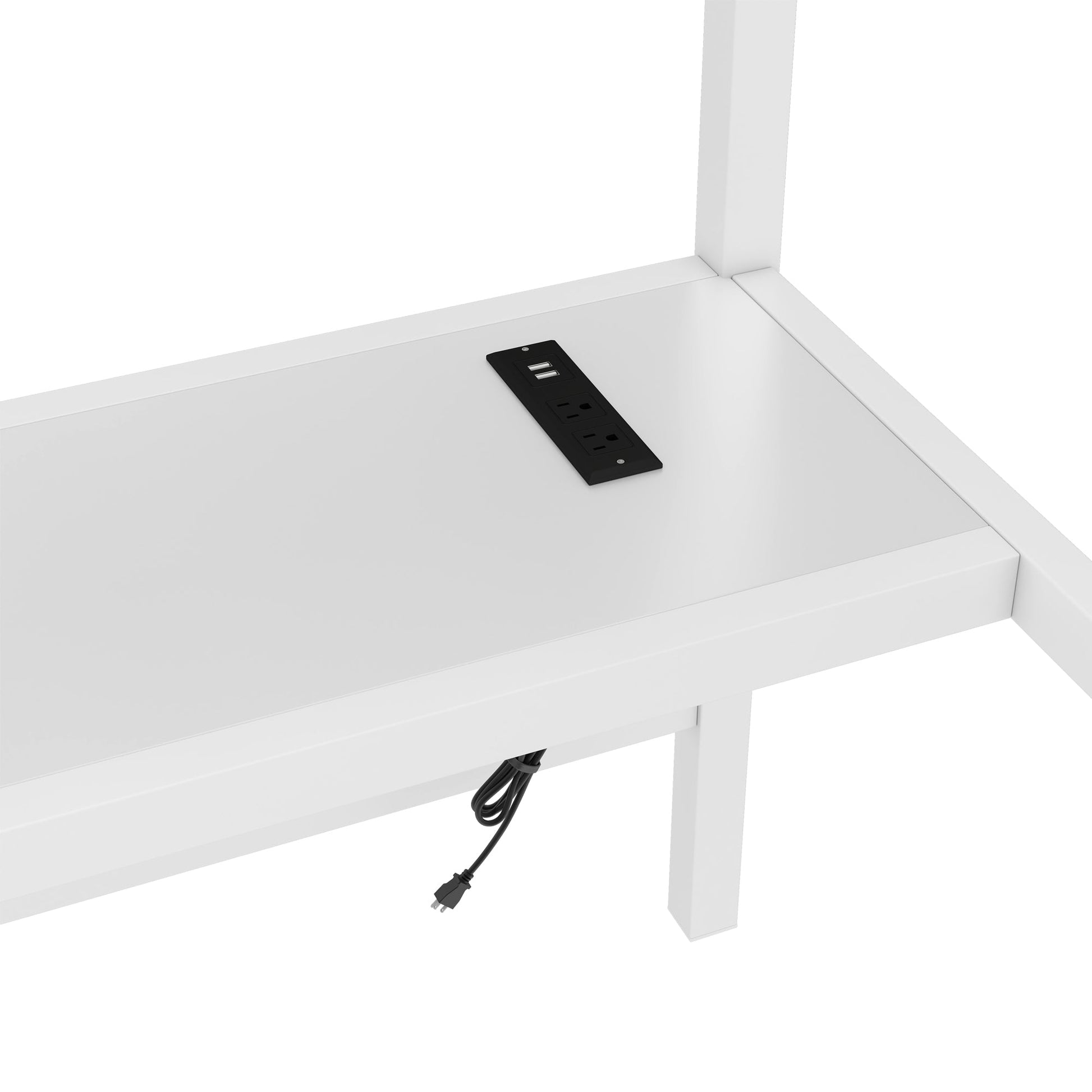 White metal queen-size loft bed with built-in power outlet strip and USB ports on top panel on Tampa Home & Garden Store