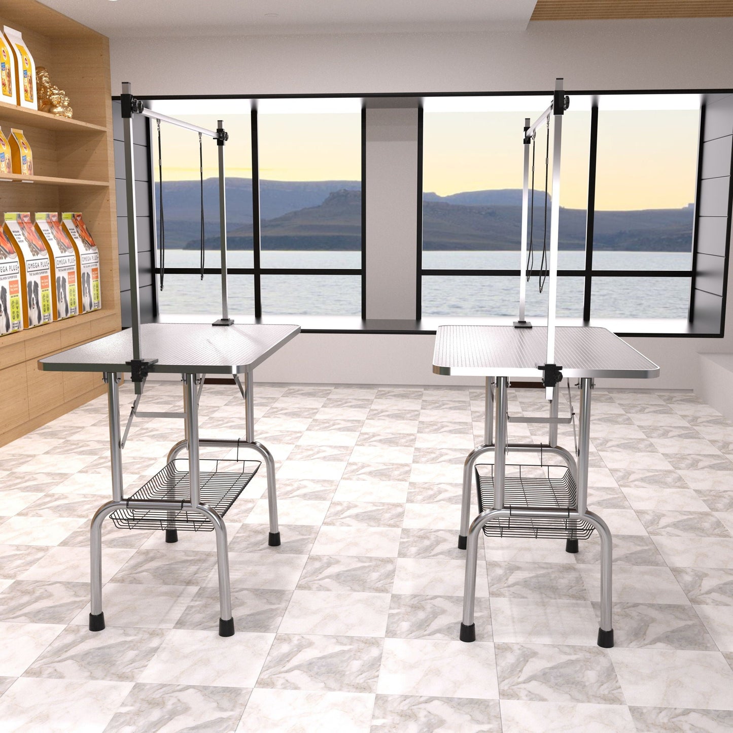 Folding dog grooming tables with stainless steel frame and rubber mat top, adjustable arms on Tampa Home & Garden Store