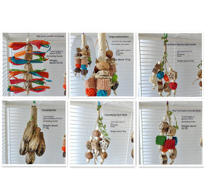 Parrot toys six-piece hanging bite-supply assortment with natural wood and colorful corn husks on Tampa Home & Garden Store