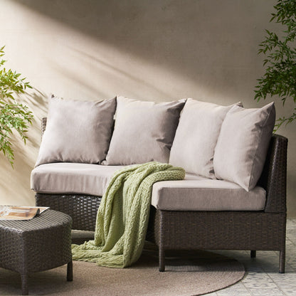 Pt Limon Modern Outdoor Single Sofa beige cushions on wicker frame with a green knit throw on Tampa Home & Garden Store