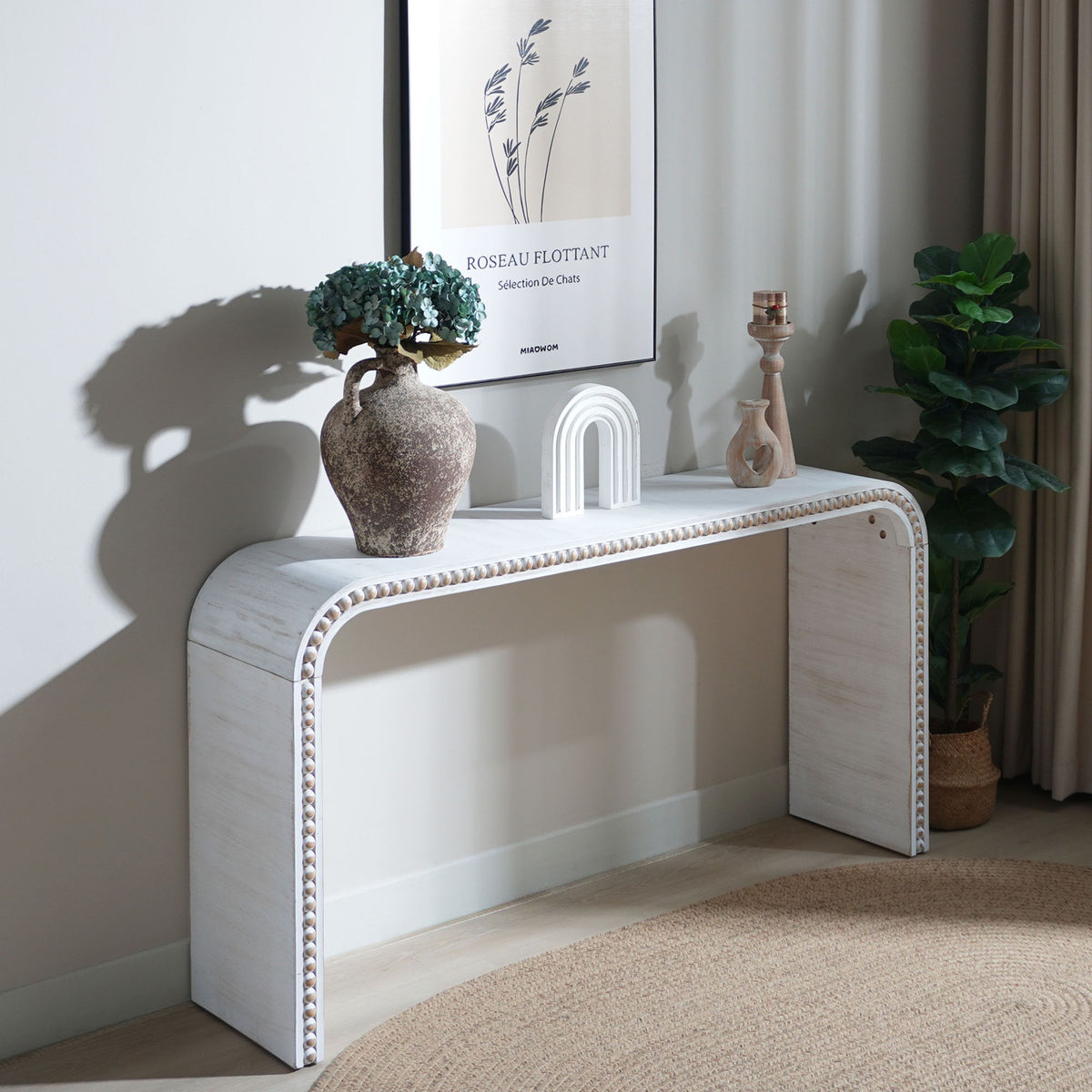Waterfall Console Table with seamless curved edges and bead trim, whitewashed finish on Tampa Home & Garden Store