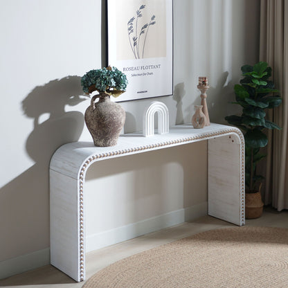 Waterfall Console Table with seamless curved edges and bead trim, whitewashed finish on Tampa Home & Garden Store