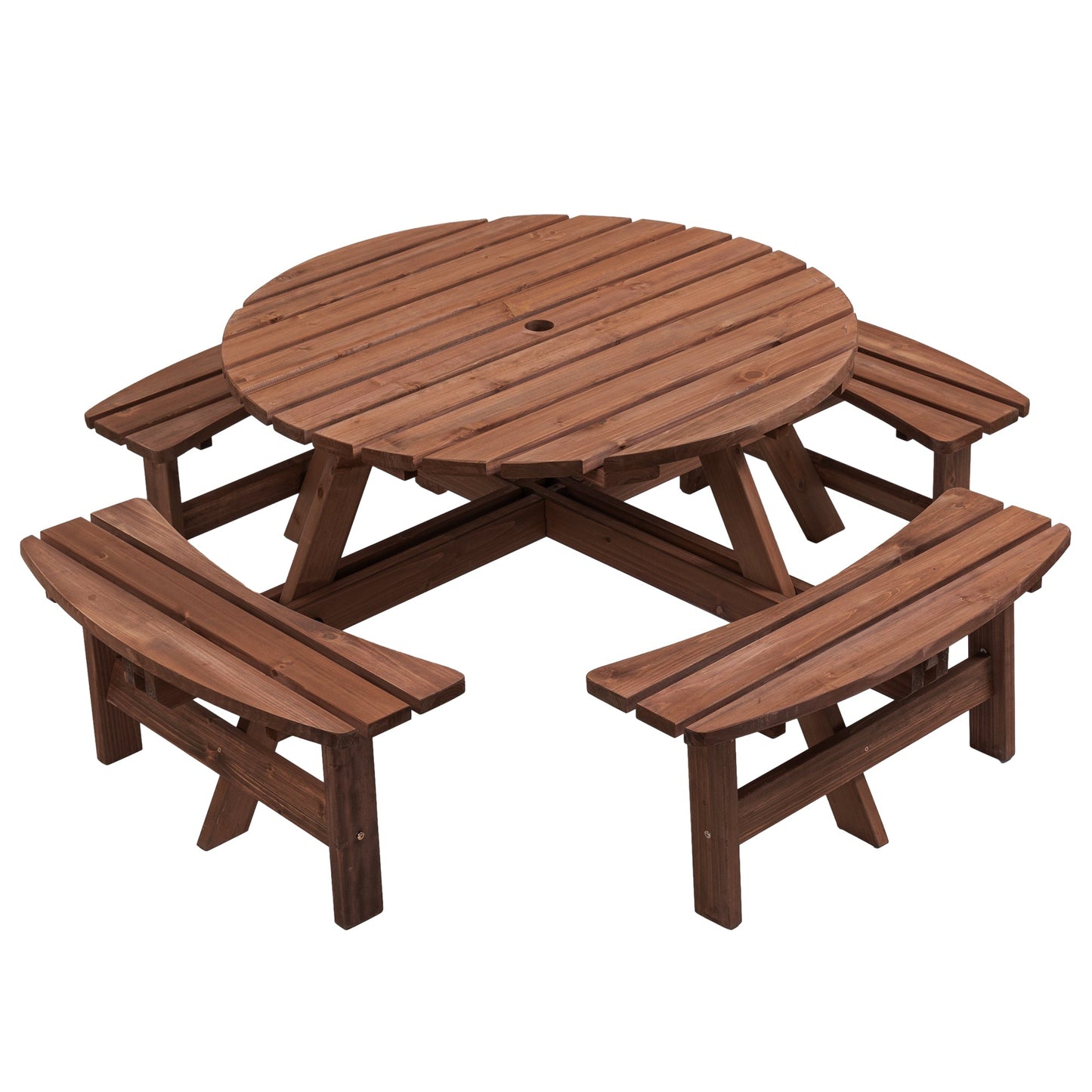8-person round wooden picnic table with benches, brown slats, umbrella hole on Tampa Home & Garden Store