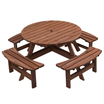 8-person round wooden picnic table with benches, brown slats, umbrella hole on Tampa Home & Garden Store