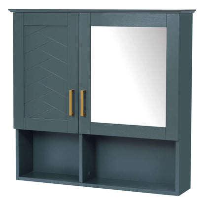 2-in-1 wall-mount medicine cabinet with blue-gray finish, mirrored panel, adjustable shelves, gold handles on Tampa Home & Garden Store