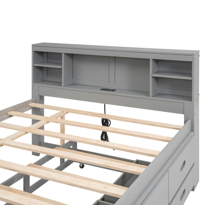 Platform bed with storage headboard in grey, built-in shelves and three drawers on Tampa Home & Garden Store