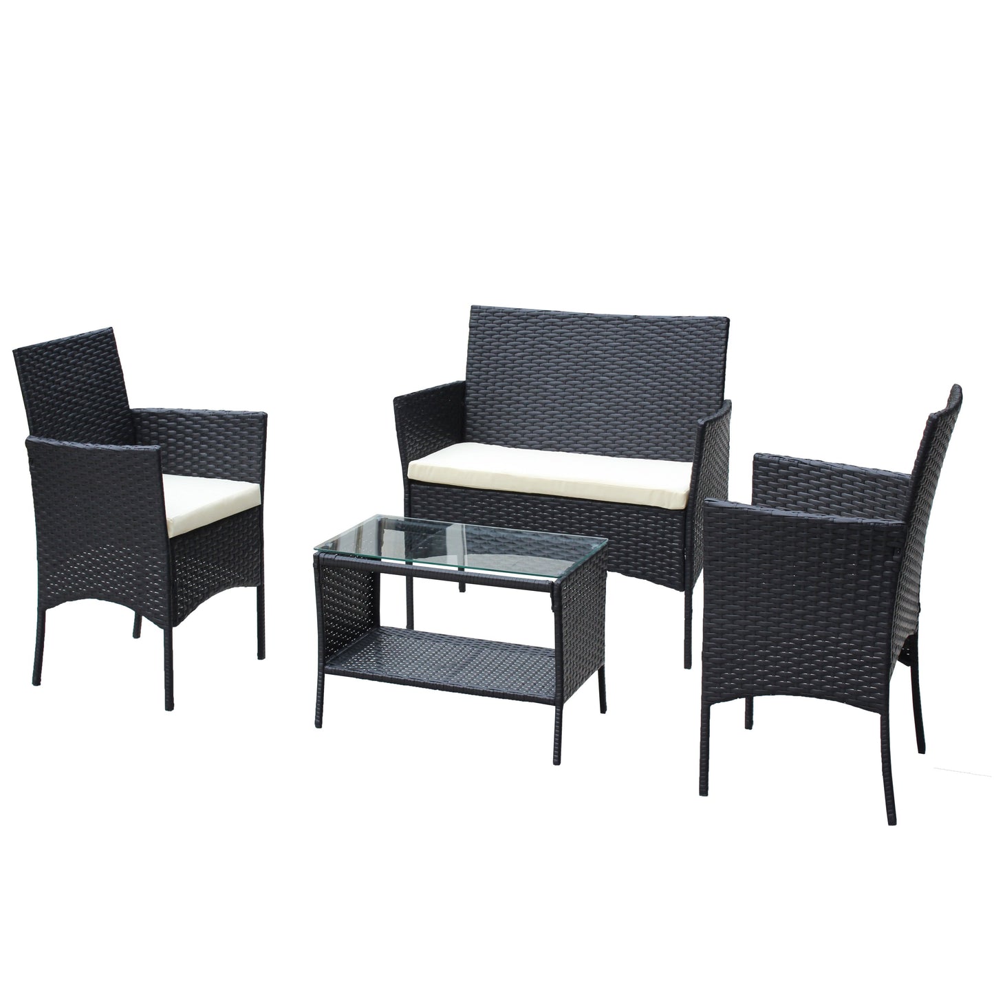 4-piece rattan patio set by HouseOfZazla with black wicker, cream cushions, glass coffee table on Tampa Home & Garden Store