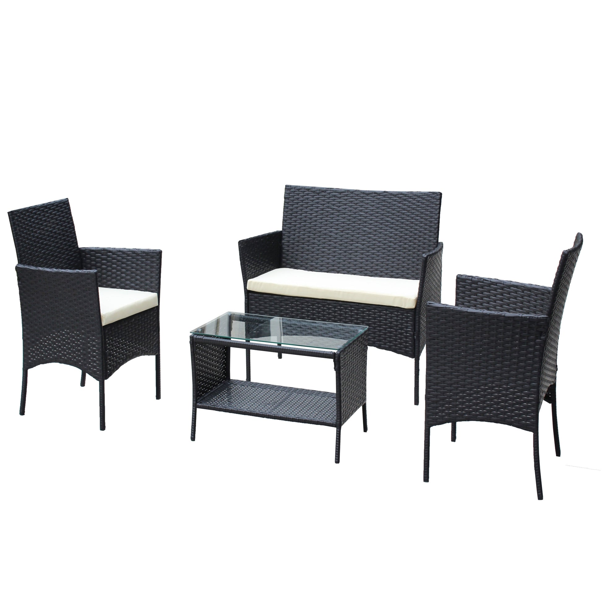 4-piece rattan patio set by HouseOfZazla with black wicker, cream cushions, glass coffee table on Tampa Home & Garden Store