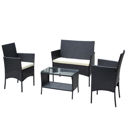 4-piece rattan patio set by HouseOfZazla with black wicker, cream cushions, glass coffee table on Tampa Home & Garden Store