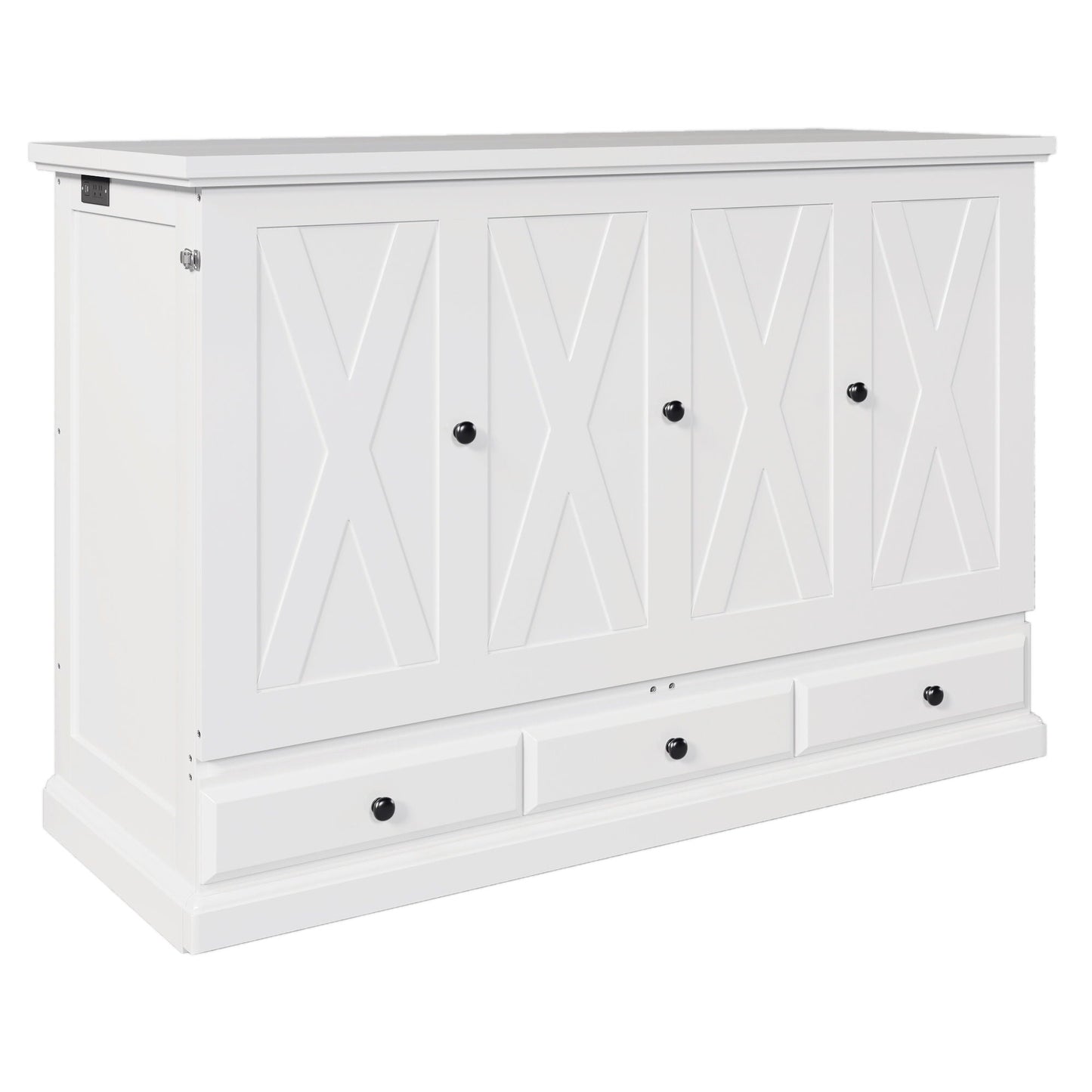 White solid pine Murphy bed chest cabinet with charging station, doors, large drawer on Tampa Home & Garden Store
