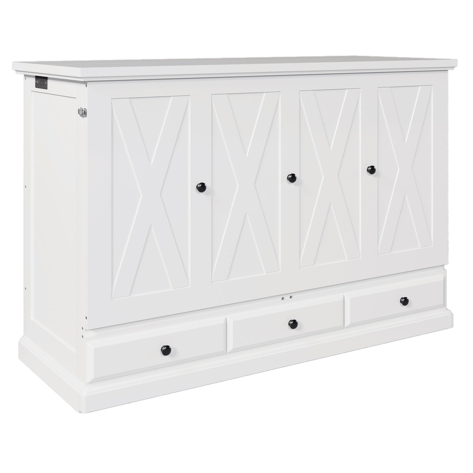 White solid pine Murphy bed chest cabinet with charging station, doors, large drawer on Tampa Home & Garden Store