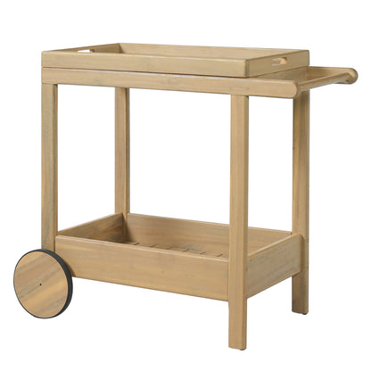 Saratoga Outdoor Rolling Bar Cart by HouseOfZazla, natural wood finish, two shelves on Tampa Home & Garden Store