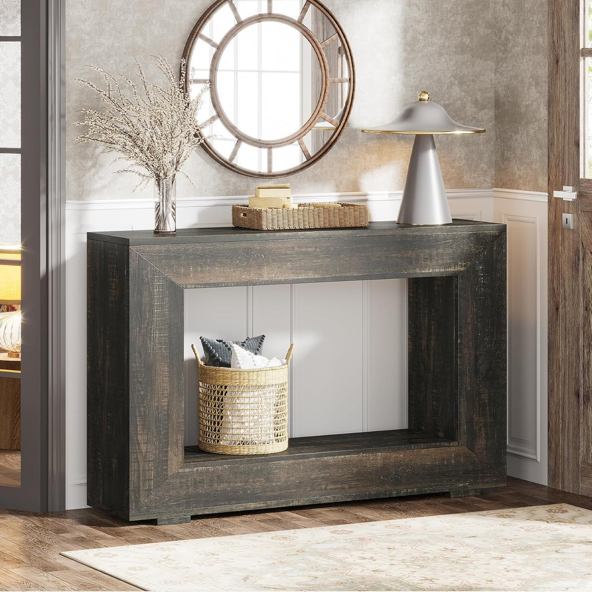 HouseOfZazla narrow entryway storage console with open shelf in dark charcoal finish on Tampa Home & Garden Store