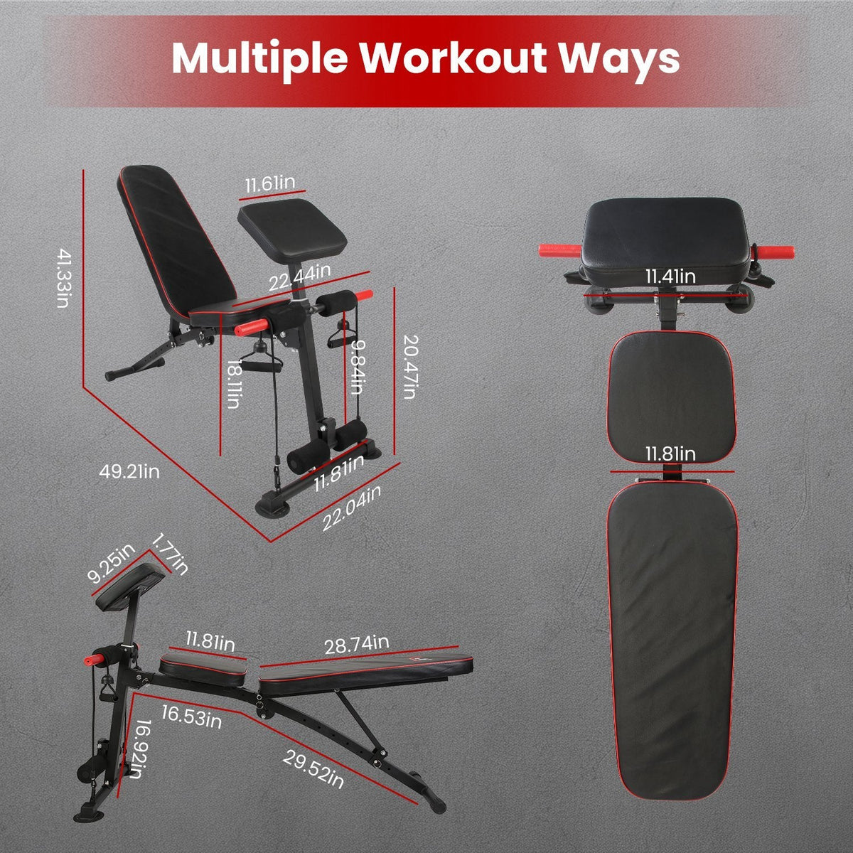 Adjustable weight bench with preacher curl pad & resistance bands, UpTrend Deals, black/red on Tampa Home & Garden Store