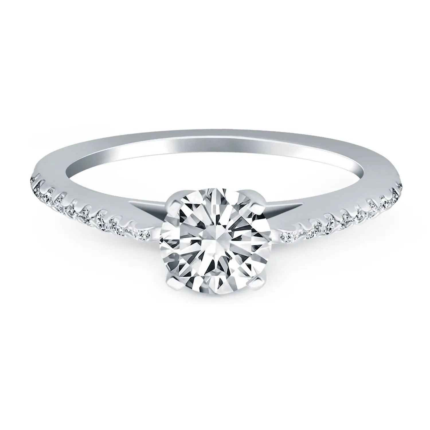 14k white gold engagement ring with a round center diamond and pave diamonds along the band on Tampa Home & Garden Store