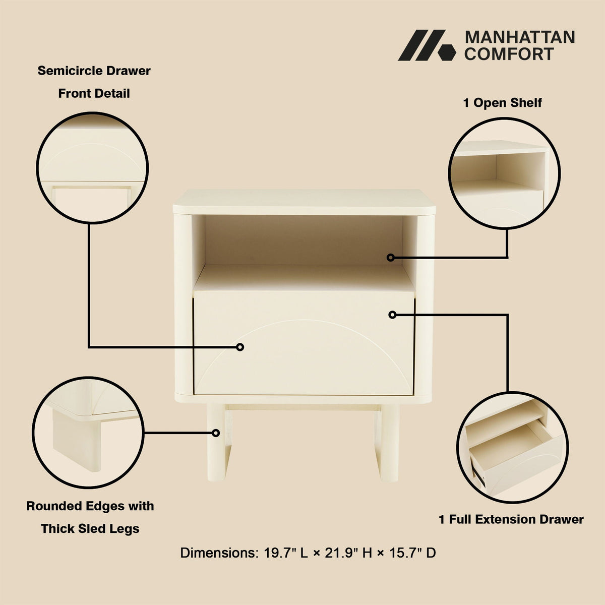 Modern Accent Nightstand with Drawer and Shelf white cream finish by Manhattan Comfort on Tampa Home & Garden Store
