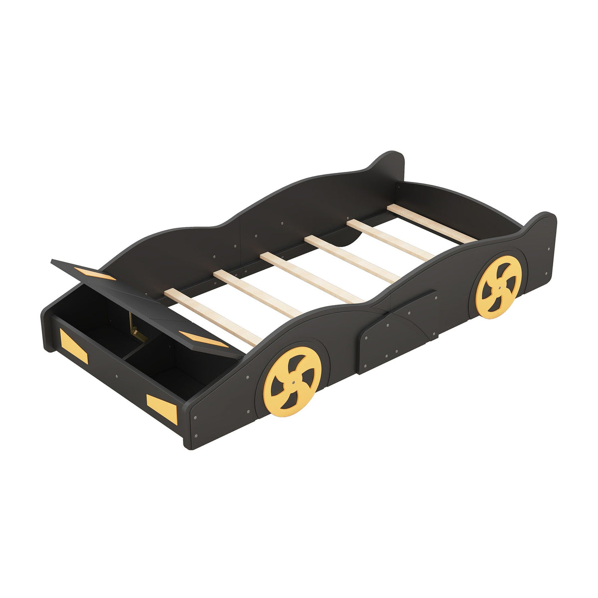 Race Car Shaped Platform Bed in black with yellow wheels and built-in storage on Tampa Home & Garden Store