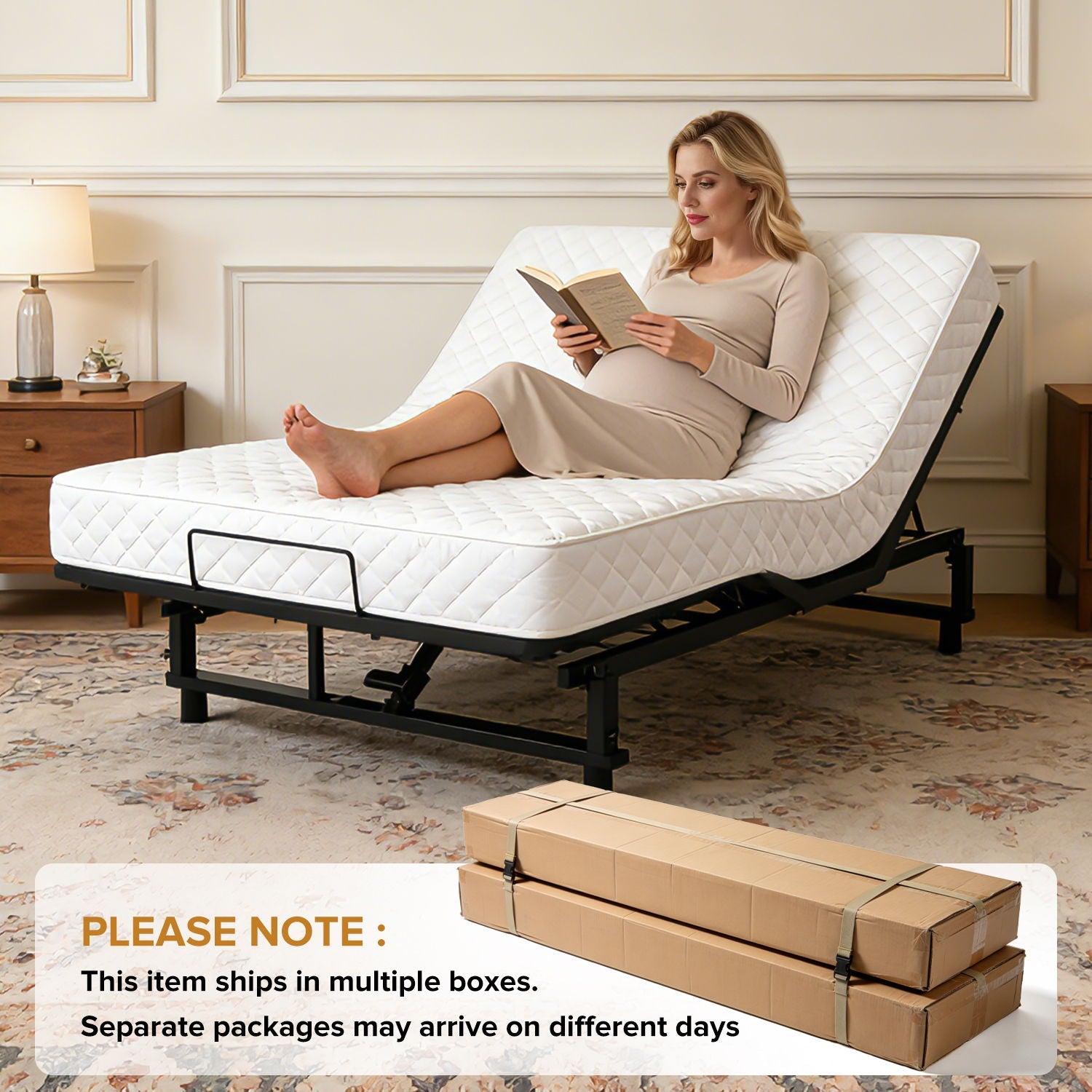 Adjustable bed base frame with white quilted mattress on a black metal frame in a bedroom on Tampa Home & Garden Store