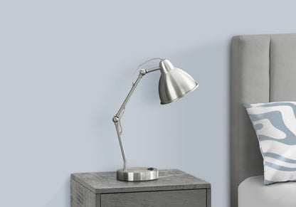 Table lamp by HouseOfZazla with nickel finish and nickel shade, USB port included on nightstand on Tampa Home & Garden Store