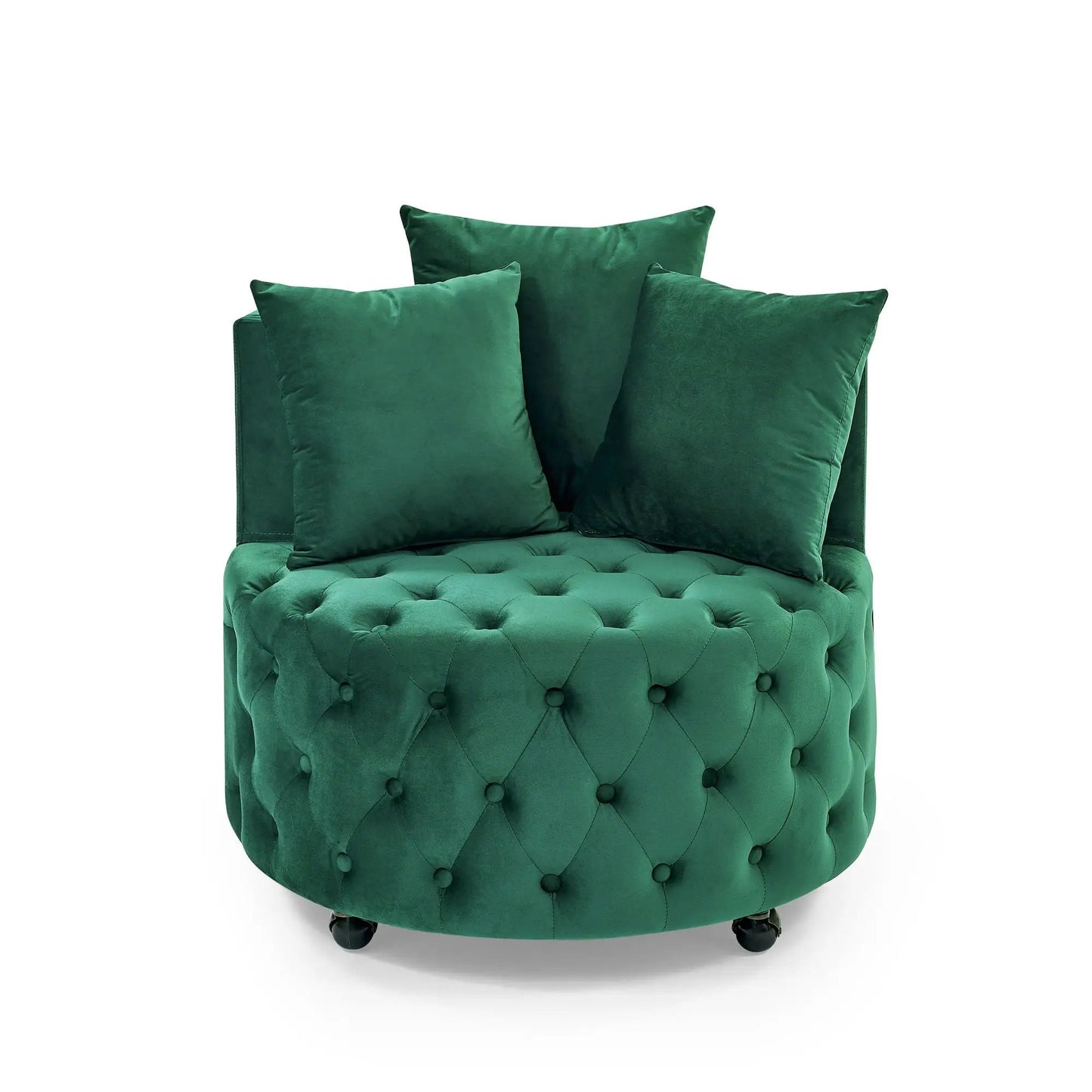 Modern Upholstered Swivel Chair in green velvet with button tufting and rolling casters on Tampa Home & Garden Store