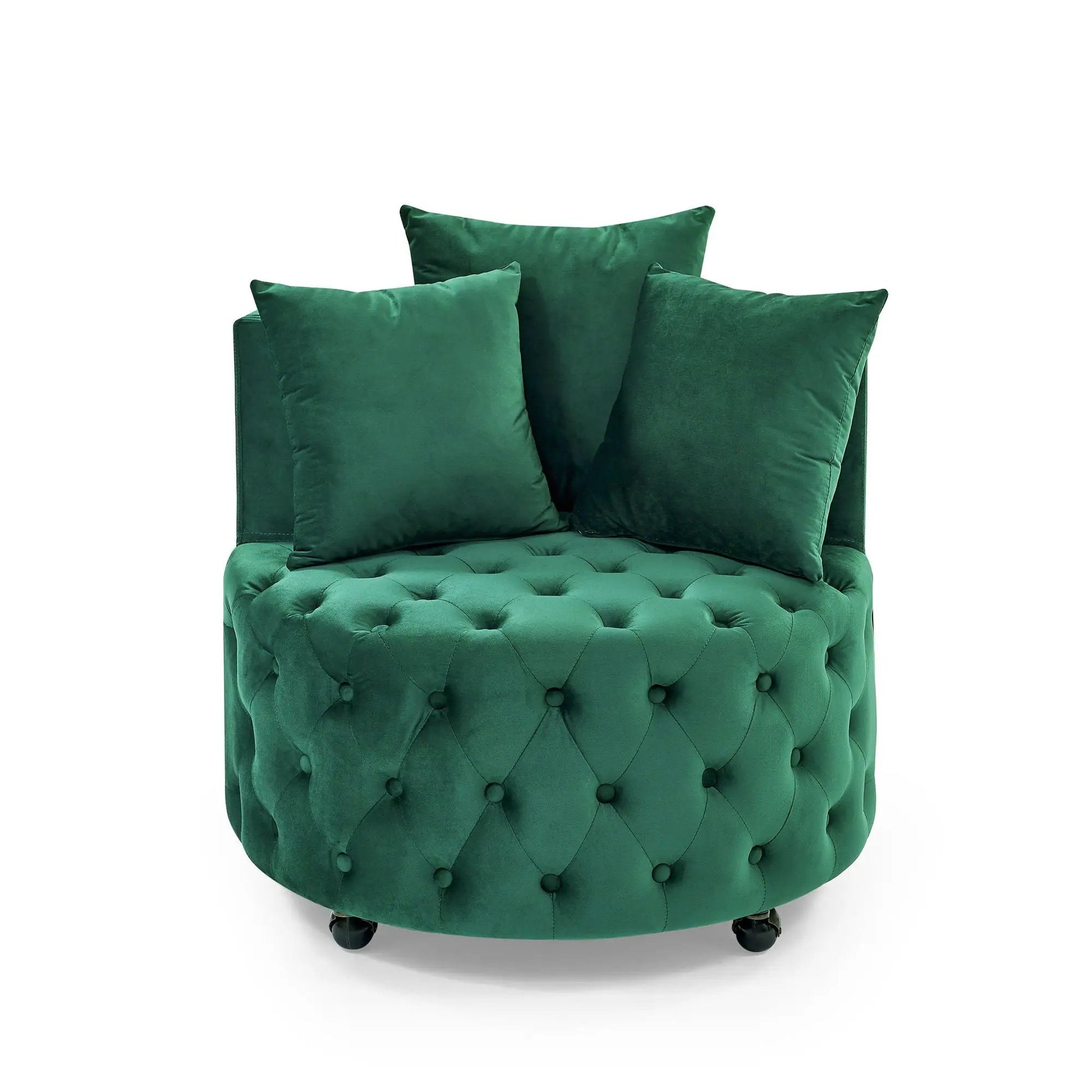 Modern Upholstered Swivel Chair in green velvet with button tufting and rolling casters on Tampa Home & Garden Store
