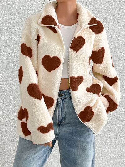 Heart-print zip-up furry jacket, cream sherpa with brown hearts, drop-shoulder coat on Tampa Home & Garden Store
