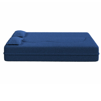 Modern floor futon sofa in blue teddy fabric with two pillows on Tampa Home & Garden Store