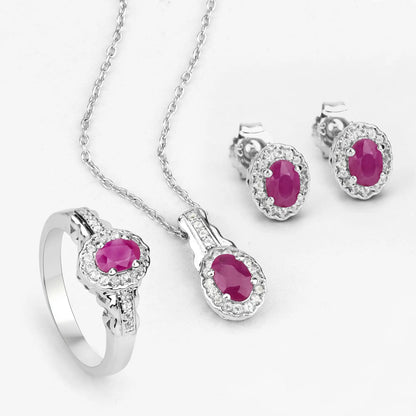 2.46ct genuine ruby with white topaz halos in .925 silver 3pc ring, earrings, pendant with chain on Tampa Home & Garden Store