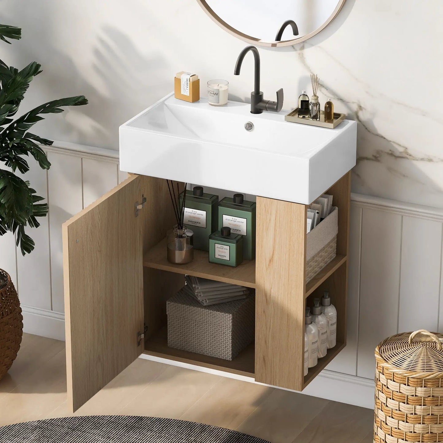 Compact Modern Floating Vanity with Ceramic Basin