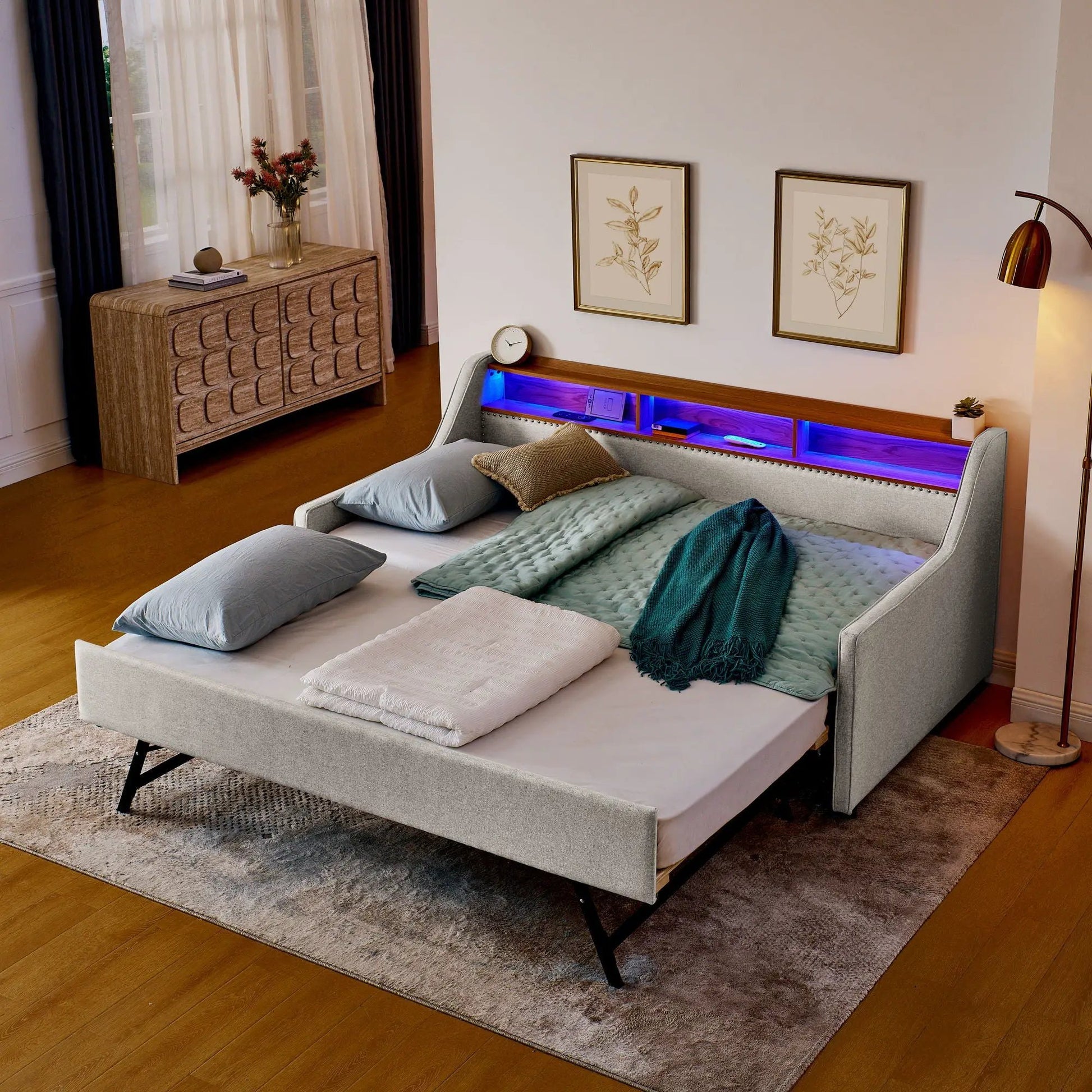 Upholstered sofa bed with storage headboard and foldable trundle, grey fabric, LED lighting on Tampa Home & Garden Store