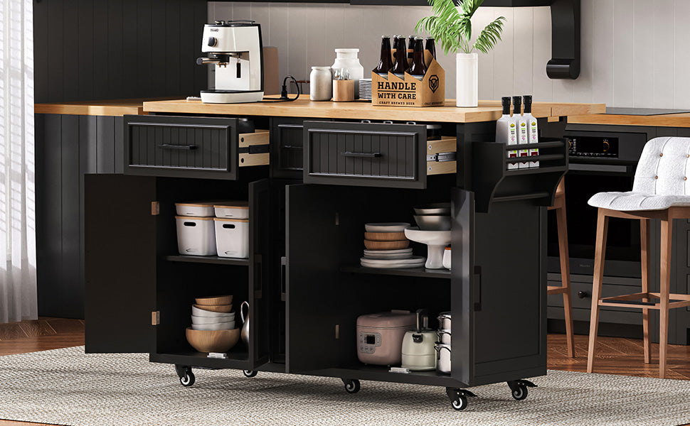 K&K 56.5'' kitchen island with drop leaf and built-in power outlet black cabinet wood top on Tampa Home & Garden Store