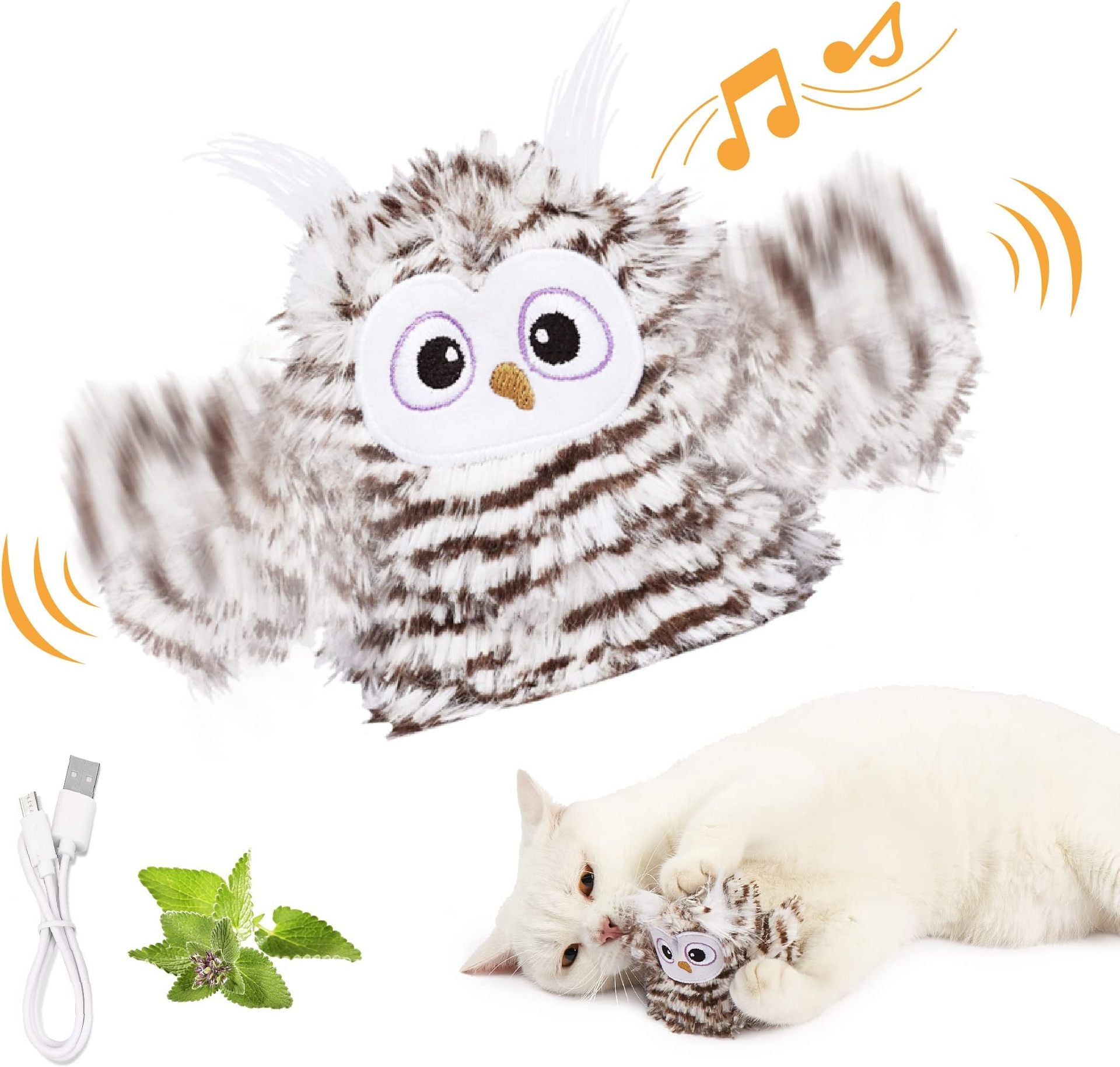Interactive cat plush owl toy with fluffy brown stripes and white face USB rechargeable on Tampa Home & Garden Store