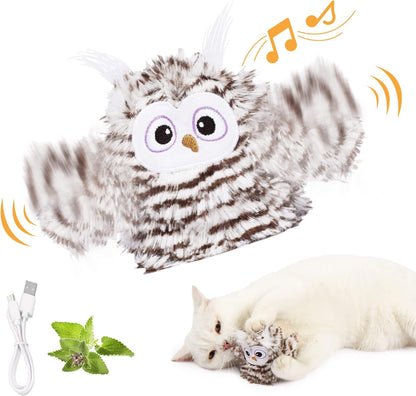 Interactive cat plush owl toy with fluffy brown stripes and white face USB rechargeable on Tampa Home & Garden Store