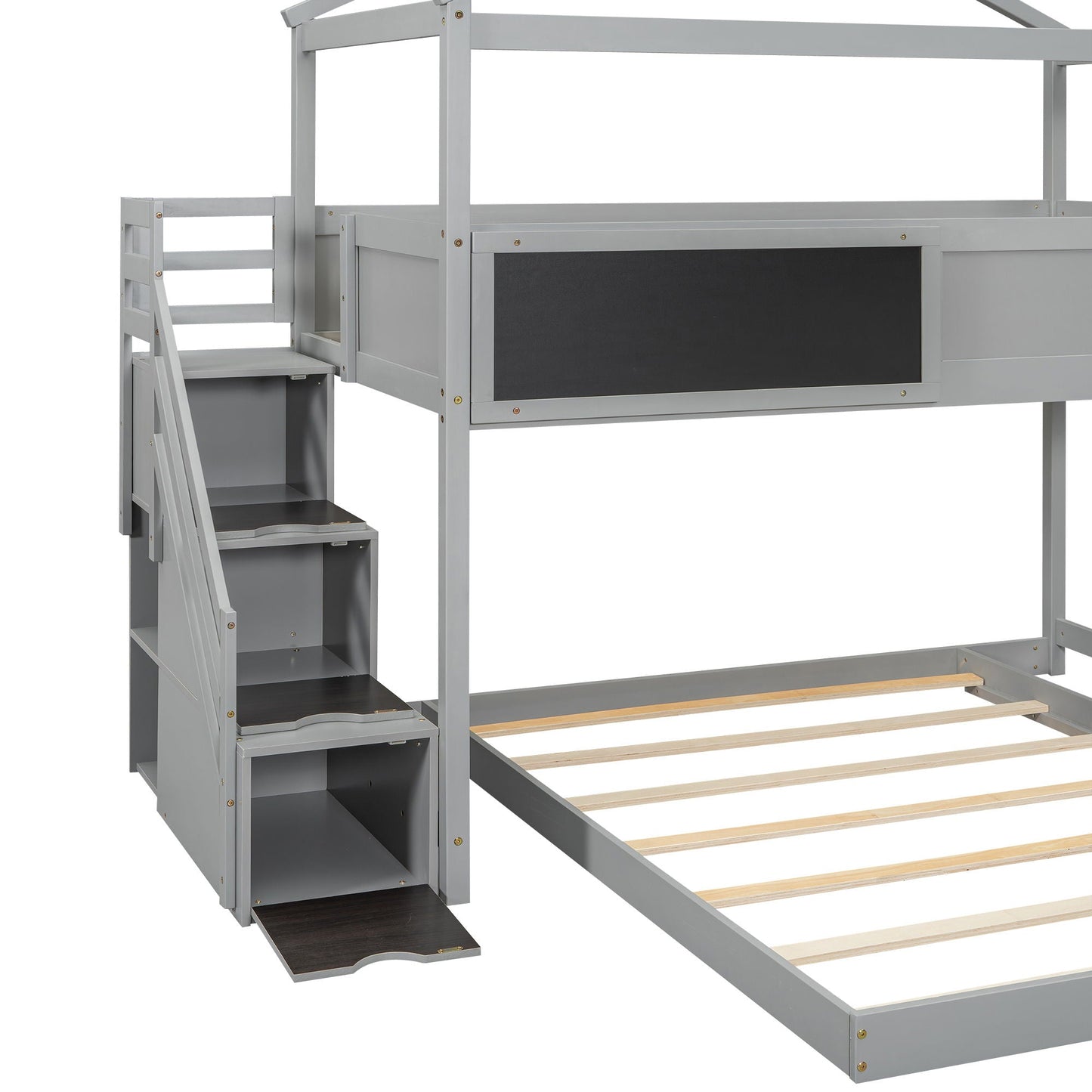 House Style Bunk Bed with storage staircase in grey, chalkboard panel, HouseOfZazla on Tampa Home & Garden Store