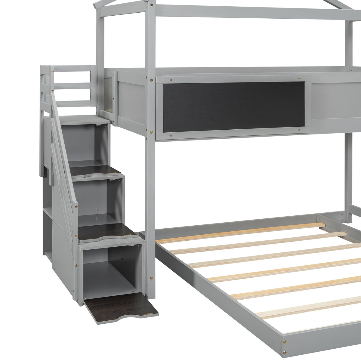 House Style Bunk Bed with storage staircase in grey, chalkboard panel, HouseOfZazla on Tampa Home & Garden Store