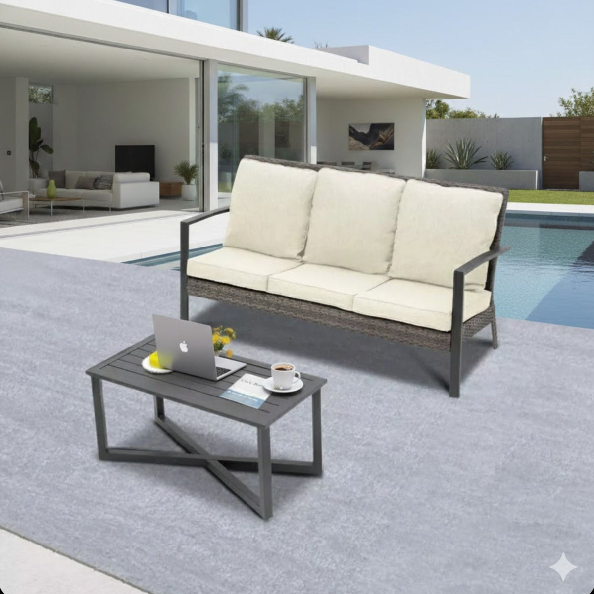 2 Piece Outdoor Patio Set with Cushions & Coffee Table beige cushions and dark gray frame on Tampa Home & Garden Store