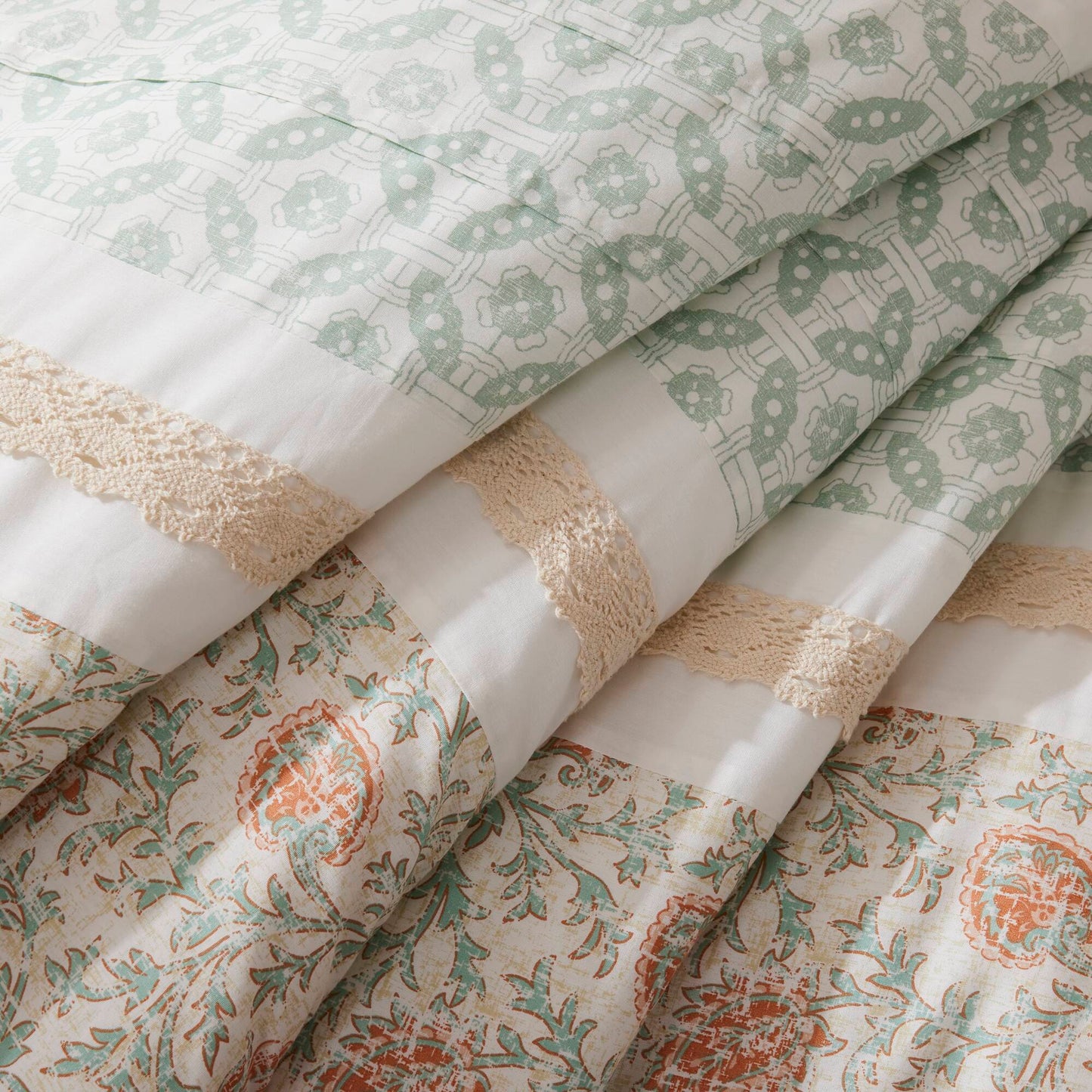9 Piece Cotton Percale Comforter Set Coral mint floral pattern with lace trim king size on Tampa Home & Garden Store