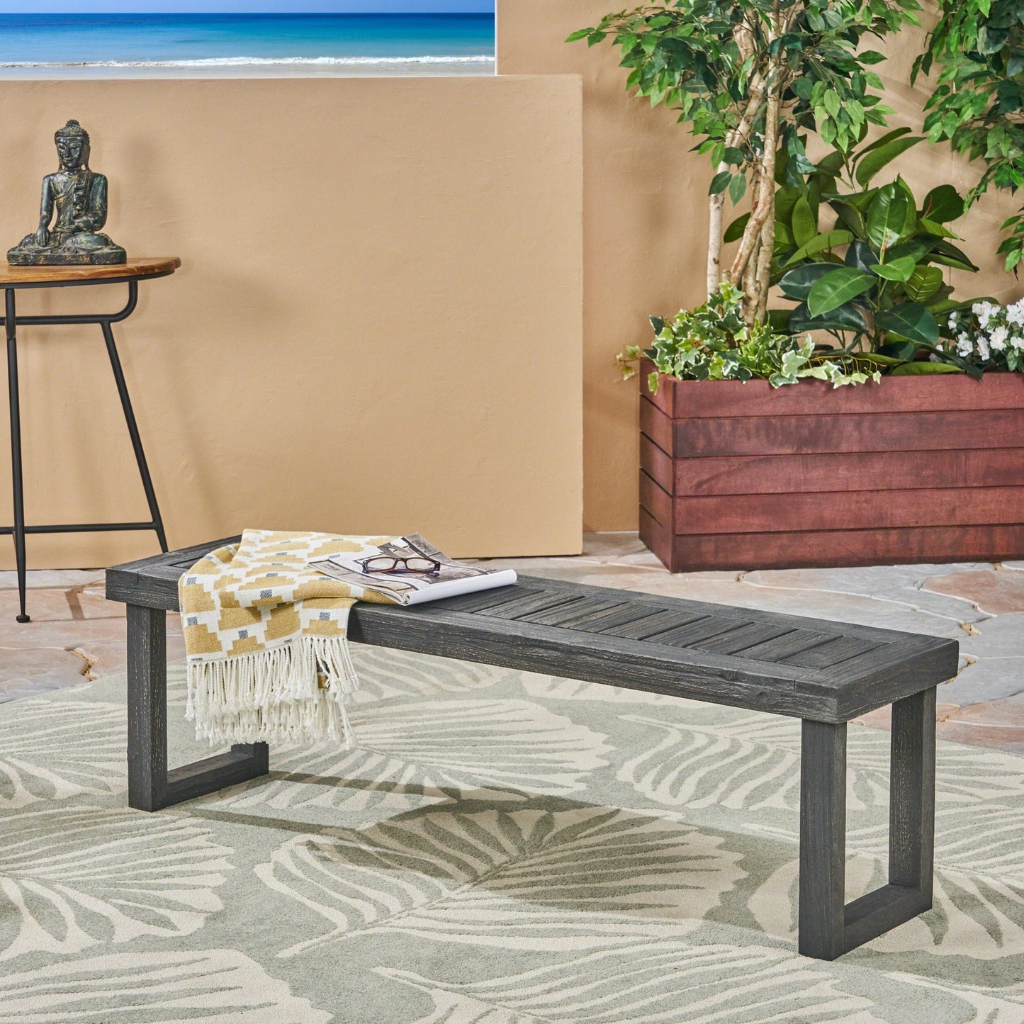 Realm outdoor bench with slat panel top and base in dark gray by HouseOfZazla on Tampa Home & Garden Store
