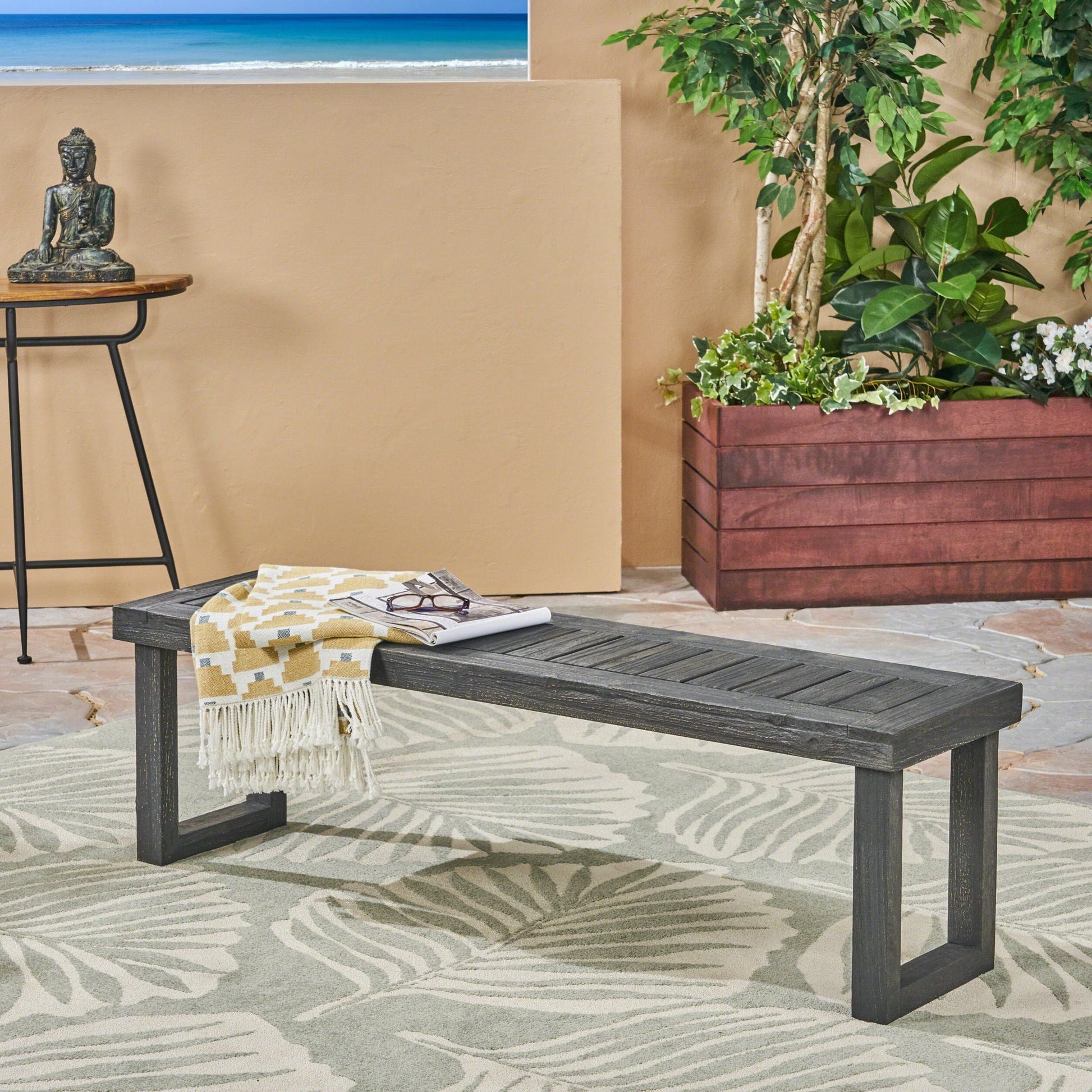 Realm outdoor bench with slat panel top and base in dark gray by HouseOfZazla on Tampa Home & Garden Store