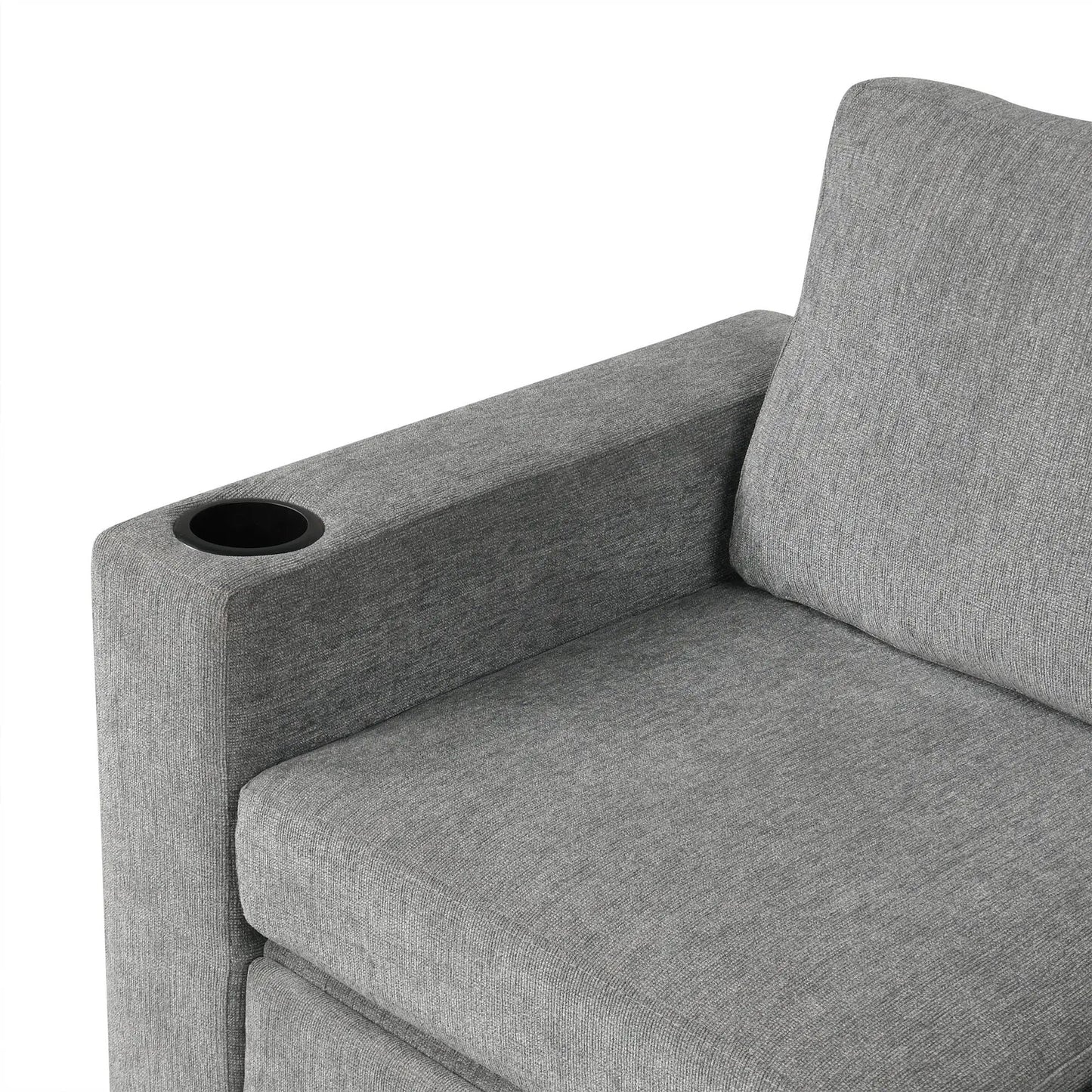 Convertible U-shaped sectional sofa in gray textured fabric with built-in cup holder armrest on Tampa Home & Garden Store