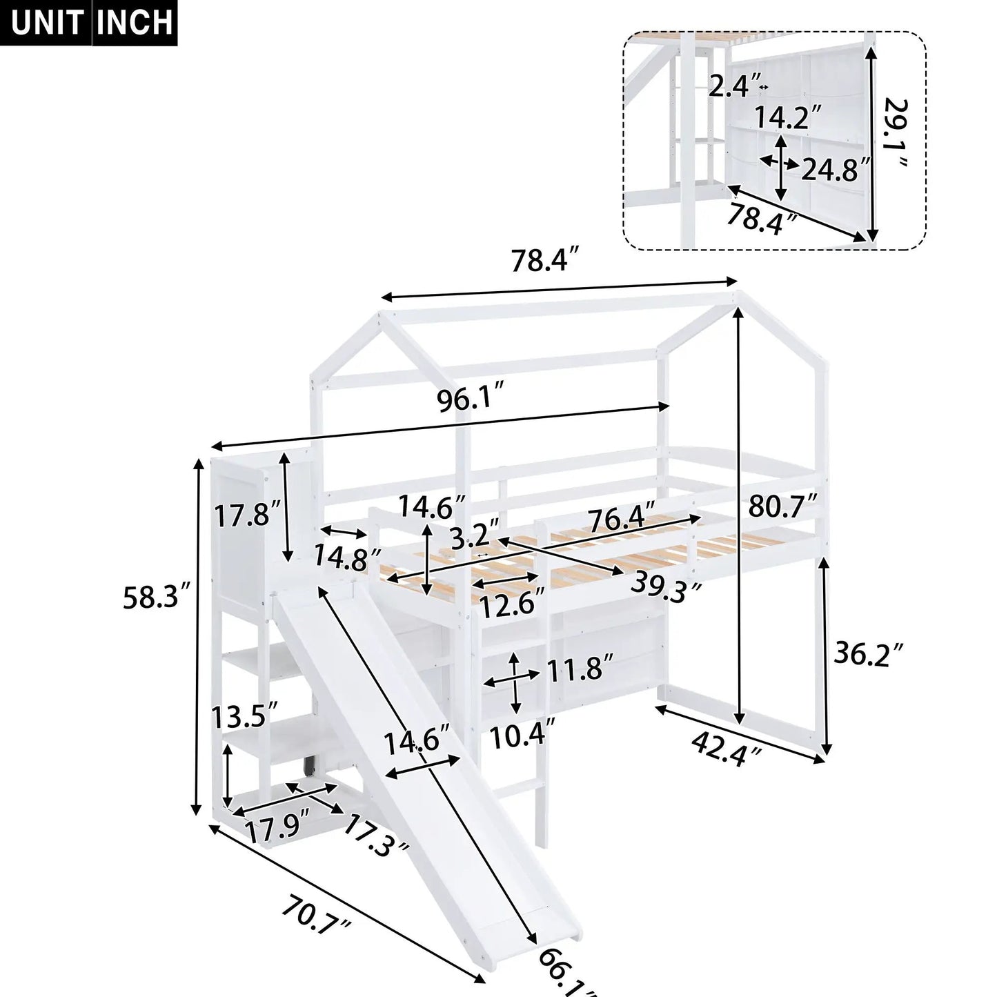 House Loft Bed with Slide and Storage Shelves