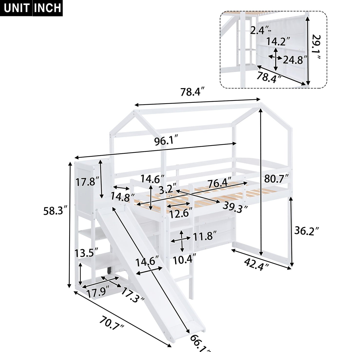 House loft bed with slide, shelves and light by HouseOfZazla; white frame with climbing ramp on Tampa Home & Garden Store