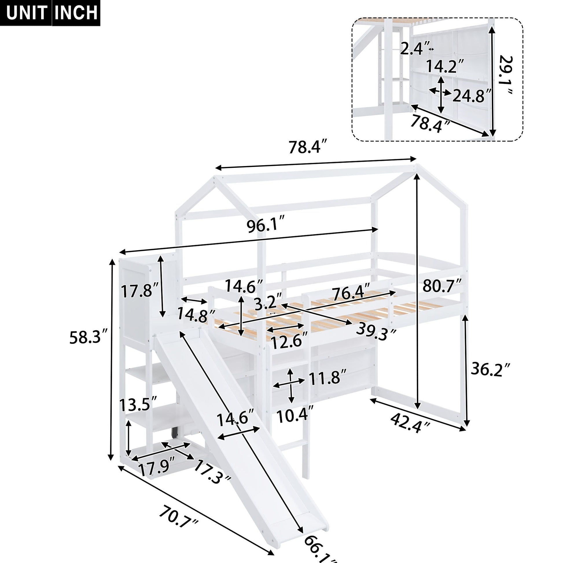House loft bed with slide, shelves and light by HouseOfZazla; white frame with climbing ramp on Tampa Home & Garden Store