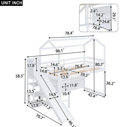 House loft bed with slide, shelves and light by HouseOfZazla; white frame with climbing ramp on Tampa Home & Garden Store