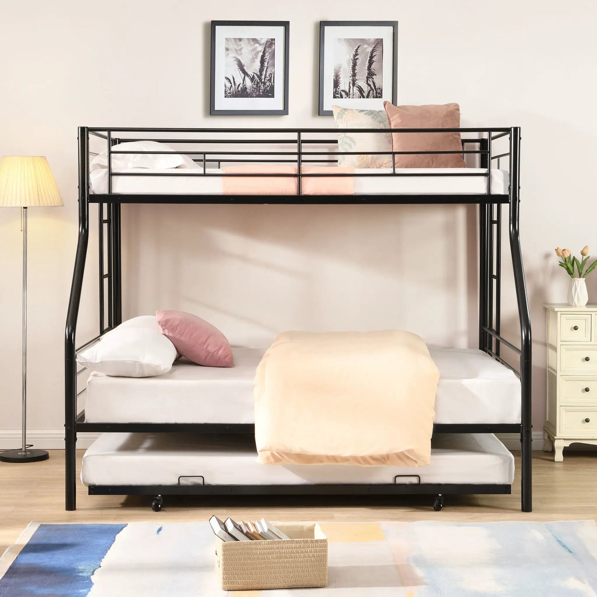 Modern Metal Bunk Bed, black steel frame with dual bunks and peach bedding on Tampa Home & Garden Store