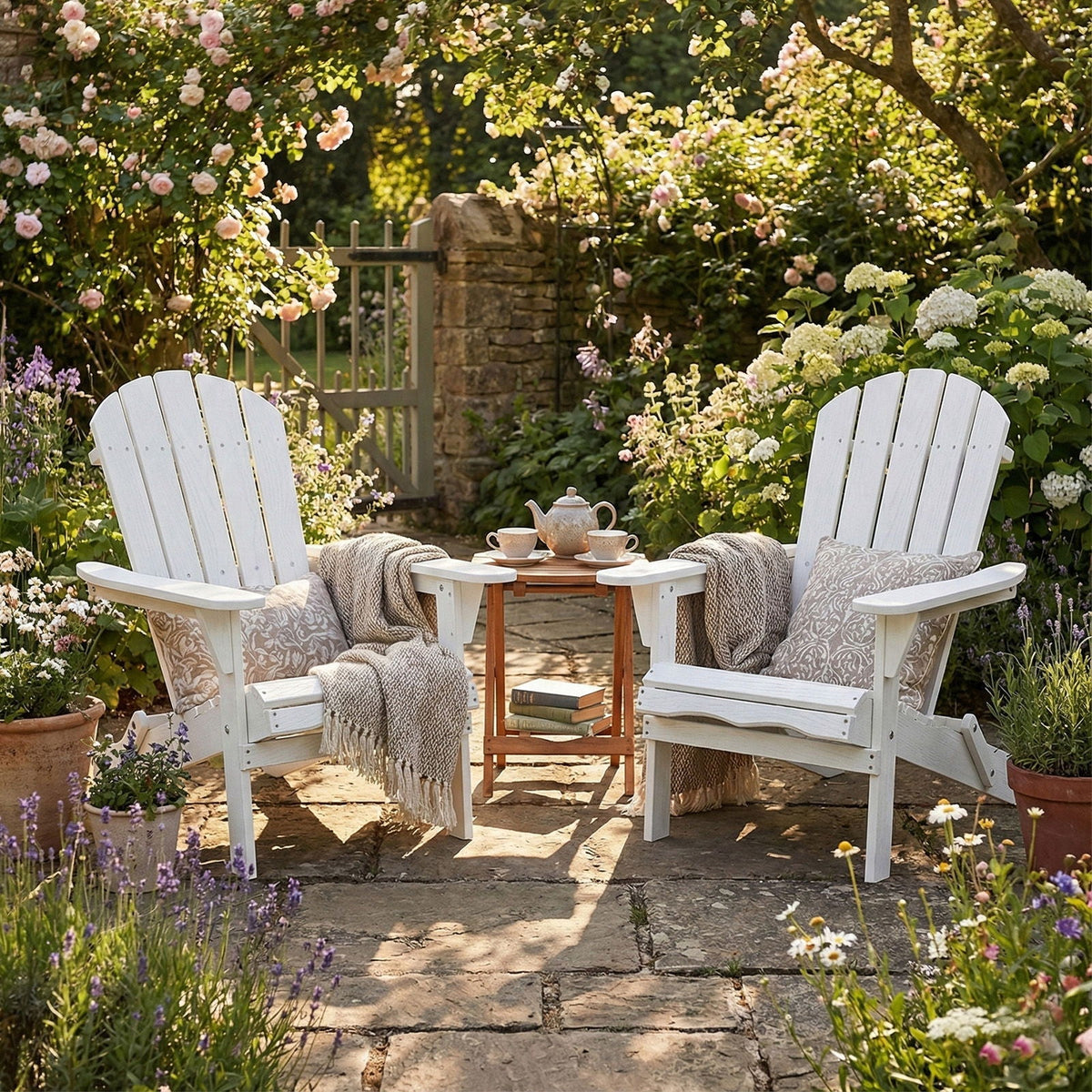 Pair of folding Adirondack lounge chairs in white wood with embossed grain texture in a garden on Tampa Home & Garden Store